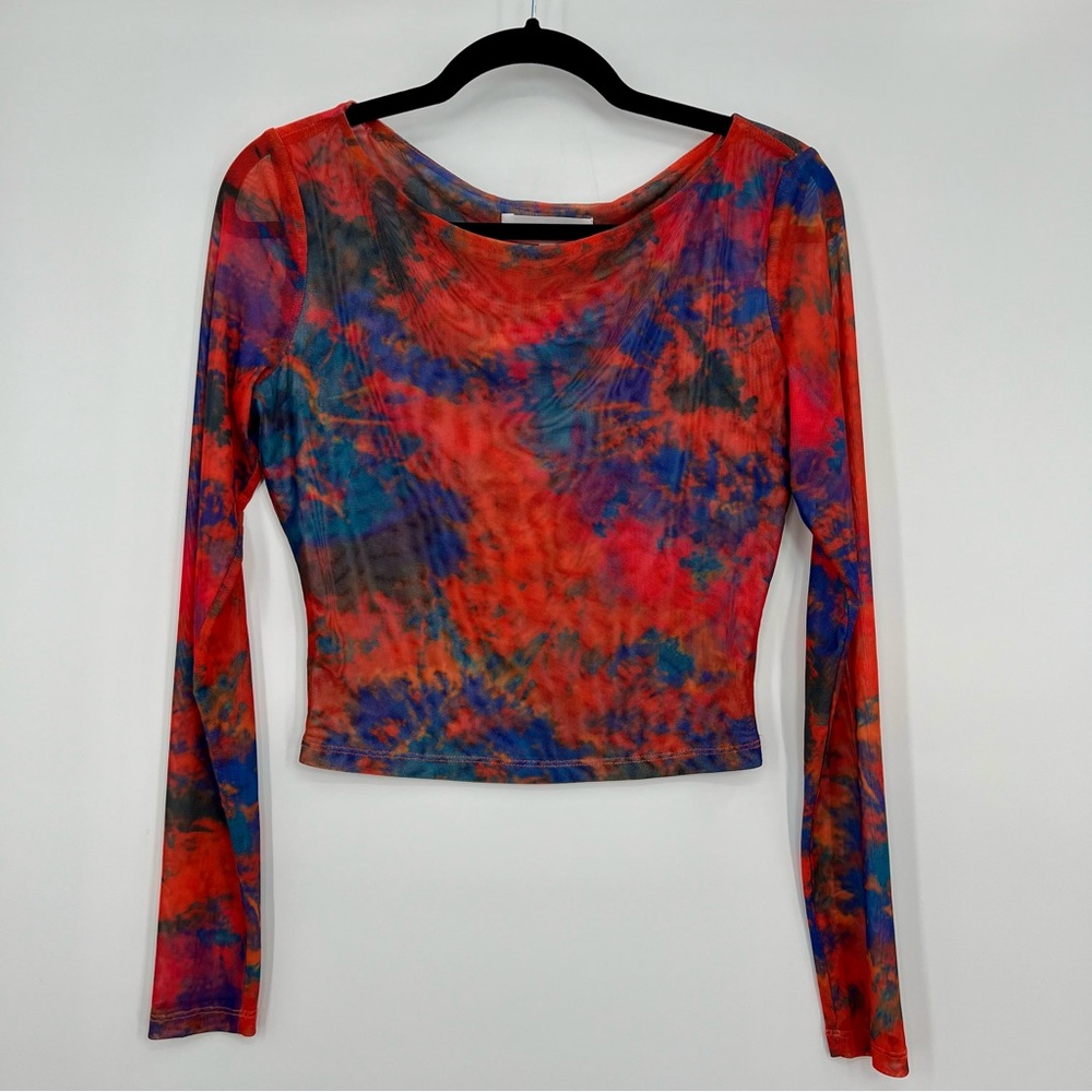 Ronny Kobo Vera Long-Sleeve Mesh Crop Top Colorful Tie-Dye Size XS